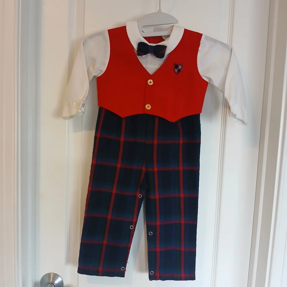 Children's Red and Plaid Outfit with Bow Tie